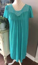 Vintage Shadowline Gown Turquoise Nylon Nightgown Lace Bow Flutter Sleeve Medium
