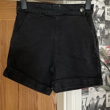 Hell Bunny Black Denim Shorts Size Medium UK 12 Turn Up Cuffs Rockabilly 1950s