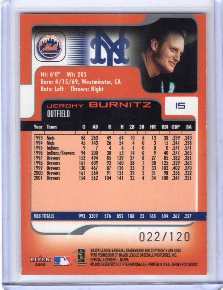 Jersey Jeromy Burnitz 2002 Fleer Focus edición siglo paralelo #22/120 - Mets Foto 2 de 2