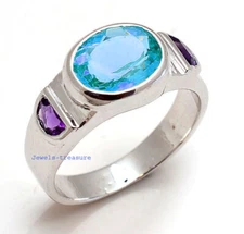 Natural Swiss Blue topaz & Amethyst Stones 925 Sterling  Silver Ring for Men #44