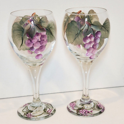 Hand Painted Grape Vine Wine Glasses Signed JC