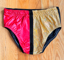 Pro Wrestling Trunks Solid Red & Gold Hologram W. Black Sz. Large 38-40 Spandex