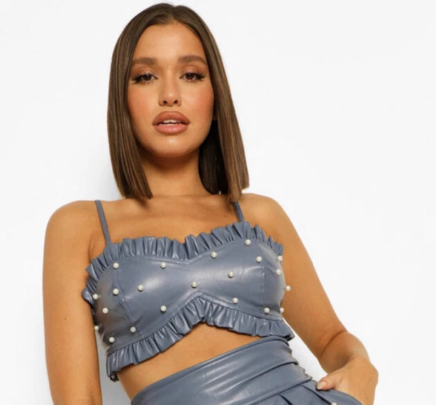 Boohoo Embellished Pearl Faux Leather Bralette Crop Top Dusty Blue