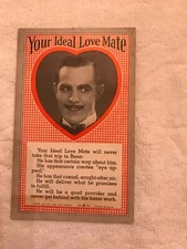 1941 Gag Gift  ARCADE Card YOUR IDEAL LOVE MATE EXHIBIT SUPPLY  CHICAGO IL.