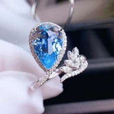 Luxury Stylish Pear Cut Clear 3.71CT Aquamarine  White CZ Anniversary Ring Band