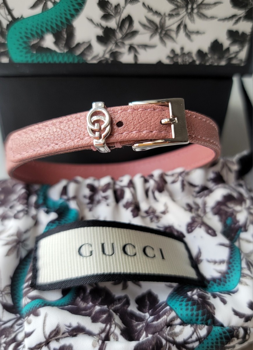 【GUCCI】 ダブル G レザー バックル ブレスレット PINK SILVER GUCCI Dusty Pink Leather Bracelet Silver GG Double G Buckle