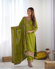 New Launch Chinnon Silk Olive Green Salwar Kameez With Dupatta For Wedding Wear