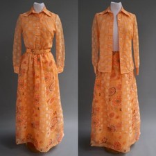 Vtg 70s Mod Peach Flocked Floral 3p Hostess Maxi Dress Set Skirt Top Jacket 10 M