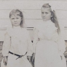 Antique Cabinet Card Photo Adorable Girls Cute Dresses Long Hair Bows Outside