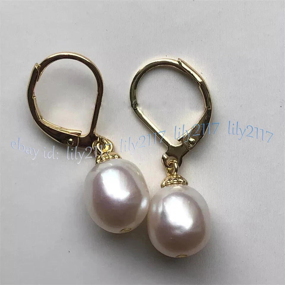 Pendientes colgantes de perlas barrocas blancas genuinas naturales de 12-13 mm del Mar del Sur de oro de 14 k Foto 4 de 4