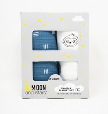 MOON AND STARS Set of 2 Cotton Baby Swaddle Blankets, Blue  white 30 x 40 in.