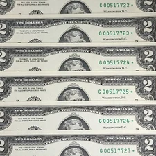 Sequential 640K Sheet Star Notes 2 Dollar Bill Chicago Run 1 of 2 Crisp Lot of 6