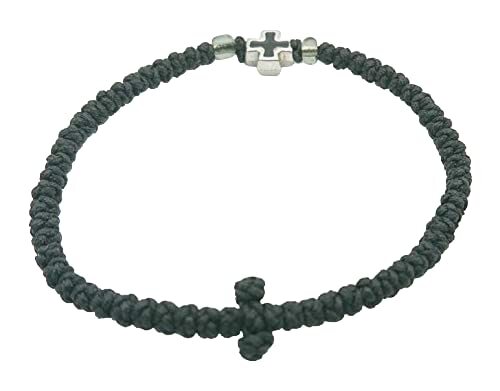 Blessed Greek Orthodox Prayer Rope Handmade Thin Black with Metallic Cross - Picture 3 of 3