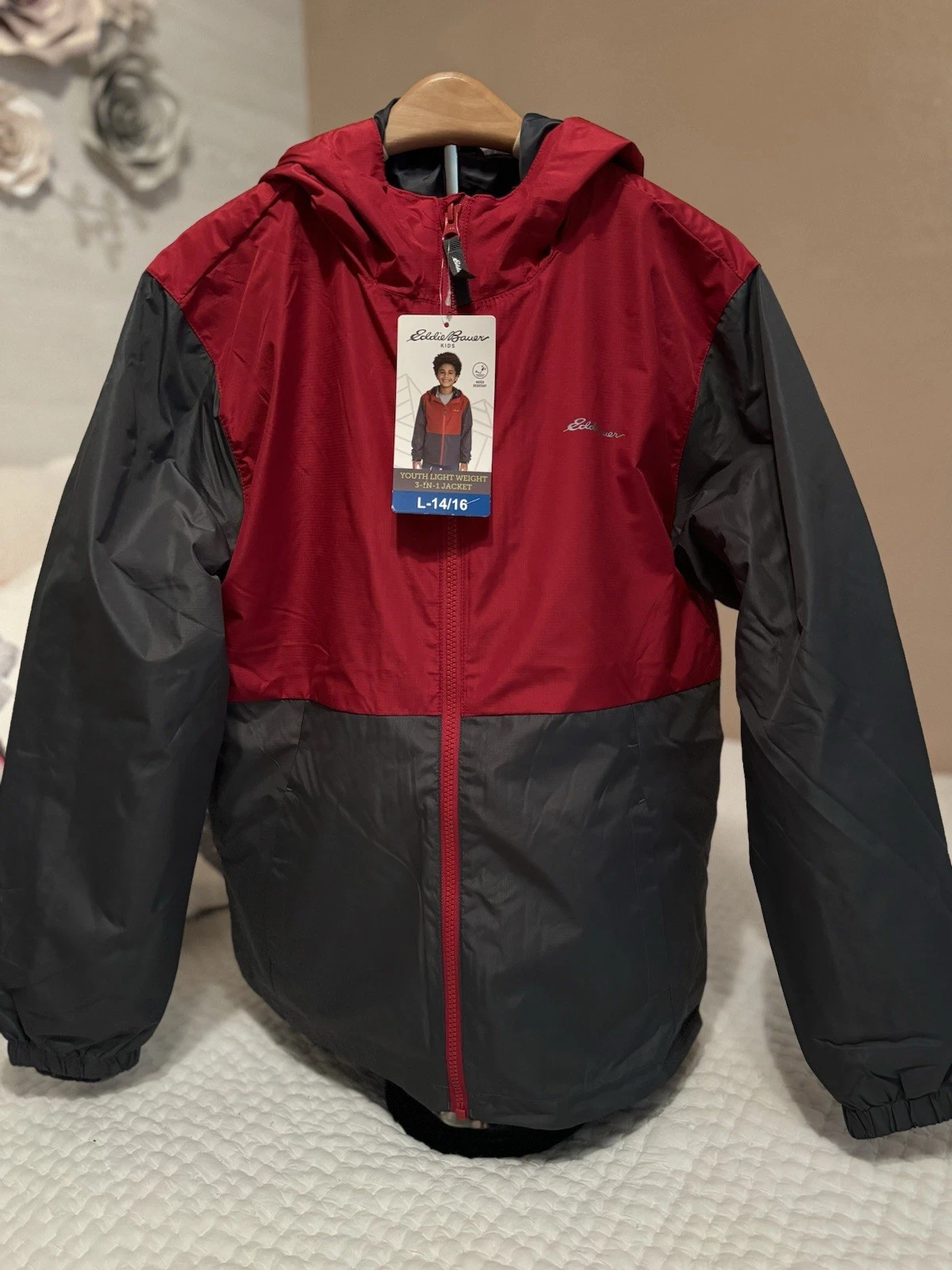 Eddie Bauer Boys Youth Lightweight 3 In 1 Jacket Large 14/16 - Chilli Pepper New