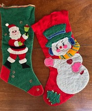 Vintage Felt Appliqu  Christmas Stockings Santa Snowman Beaded Sequined Bucilla
