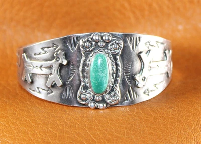 Navajo Fred Harvey Era GREEN TURQUOISE Wide Cuff Bracelet Sterling Silver 6 1/2" - Image 1 of 4