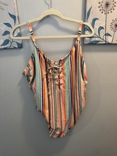 Lace up Teal, Pink, Coral, Orange  Beige Striped plus size bathing suit EUC