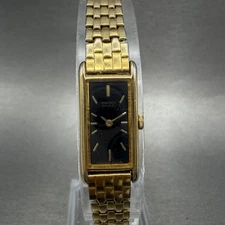 Seiko Tank Watch Women 12mm Black Dial Gold Tone Rectangle 2E20-6429 New Battery