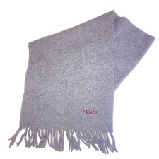 Vintage FENDI Embroidered Wool Scarf Gray 12 1/4" Wide 60" Long with Fringe
