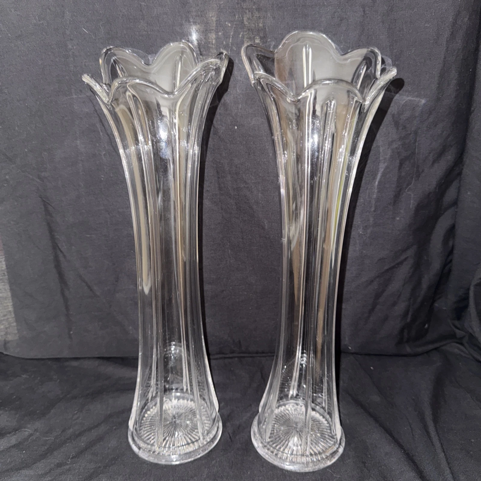 Antique Matched Pair of 1910s JB Higbee 14 1/2 “ Ribbed Clear Glass Swung Vases