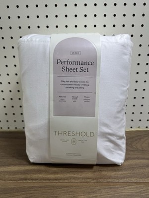 Threshold Performance Queen Sheet Set 400 Thread Count White Cotton Sateen NEW