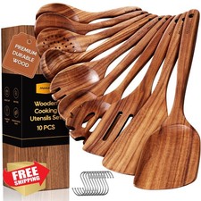 10PCS Wooden Spoons Cooking Utensil Set Teak Wood Hooks Heat Res