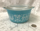 Vintage PYREX Amish Butterprint #473 Glass Casserole DISH & Lid Turquoise White