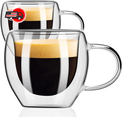 Espresso Cups Set of 2, Double Walled Espresso Shot Glass with Handle, 2.5 OZ Hi