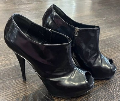 Fendi Black Patent Leather Heels EU 38.5 US 8 Peep Toe Mesh Booties Goth Rave