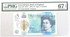 Bank of England Great Britain  5 Pounds 2015 Prefix AA01 PMG  67EPQ  Polymer