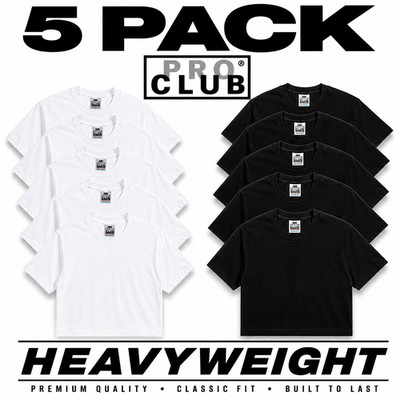 5 Pack Pro Club Heavyweight T-Shirt Crew Neck Cotton Tee S M L XL2XL White Black