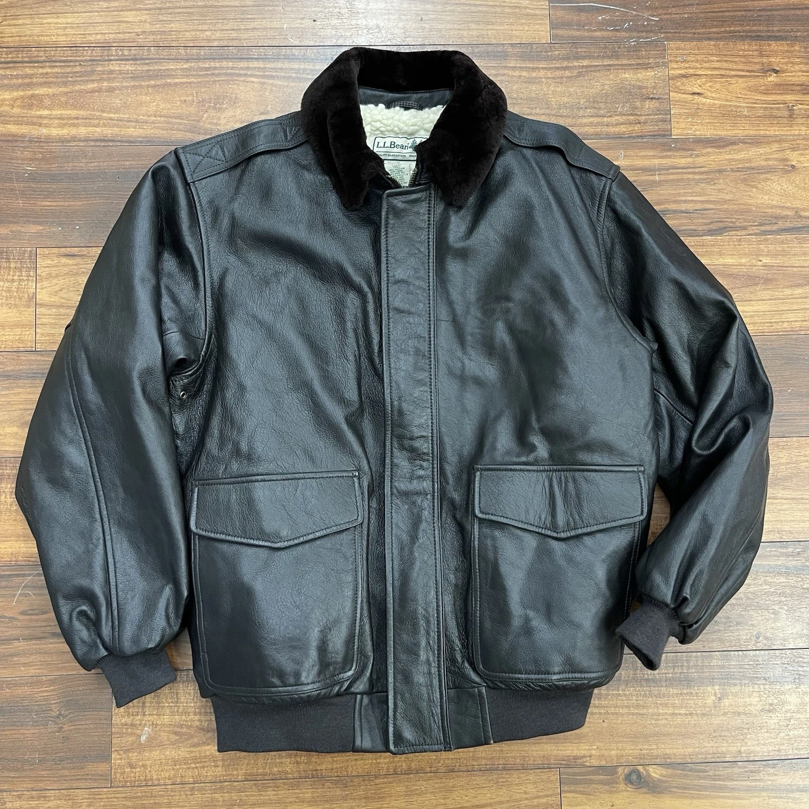 Vintage LL Bean Goat Skin Leather Bomber Jacket Mens L Tall Brown Sherpa Lined