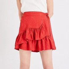 Maje Size 40/Large Jahima Jacquard Red Ruffled Wrap Mini Skirt