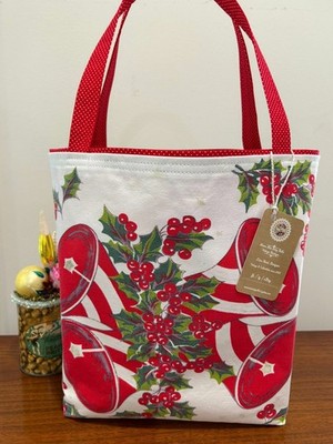 07 Vintage Red Christmas Bell Holly Colorama Tablecloth Tote Gift Market Bag NEW