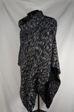 Eileen Fisher Cape Shawl Sweater Funnel Neck Black White Organic Cotton Women OS