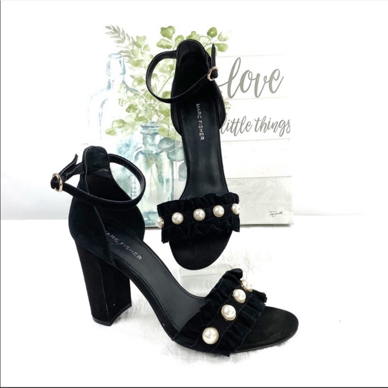 Marc Fisher Womens King Pearl Ruffle Heeled Sandal Black Size 8.5 Block  Heel | eBay