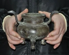 7.2"Collect China Ming Dynasty bronze binaural tripodia Incense burner Censer