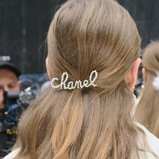 CHANEL Crystal Hair Clip Swirling Pearl Barrette Gold RUNWAY Letters Script NWT