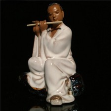 4.3" Chinese Pottery Porcelain Classical Allusion Wind Instruments Figure Statue