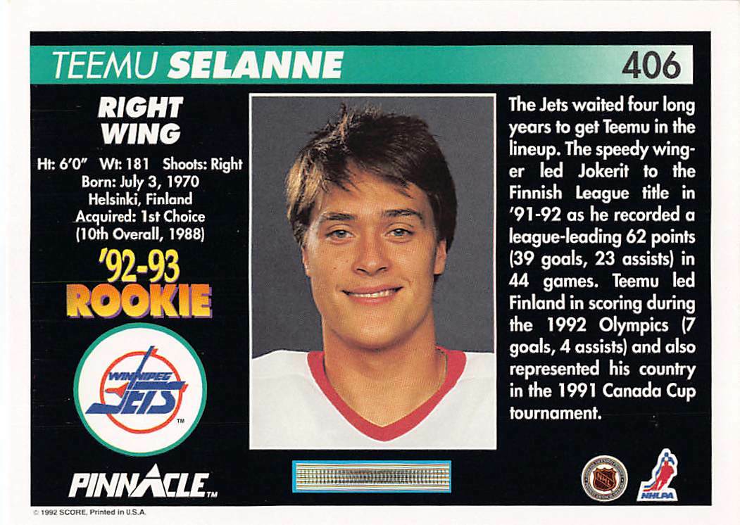 1992-93 Pinnacle Hockey Teemu Selanne Rookie Card #406 NM/MT