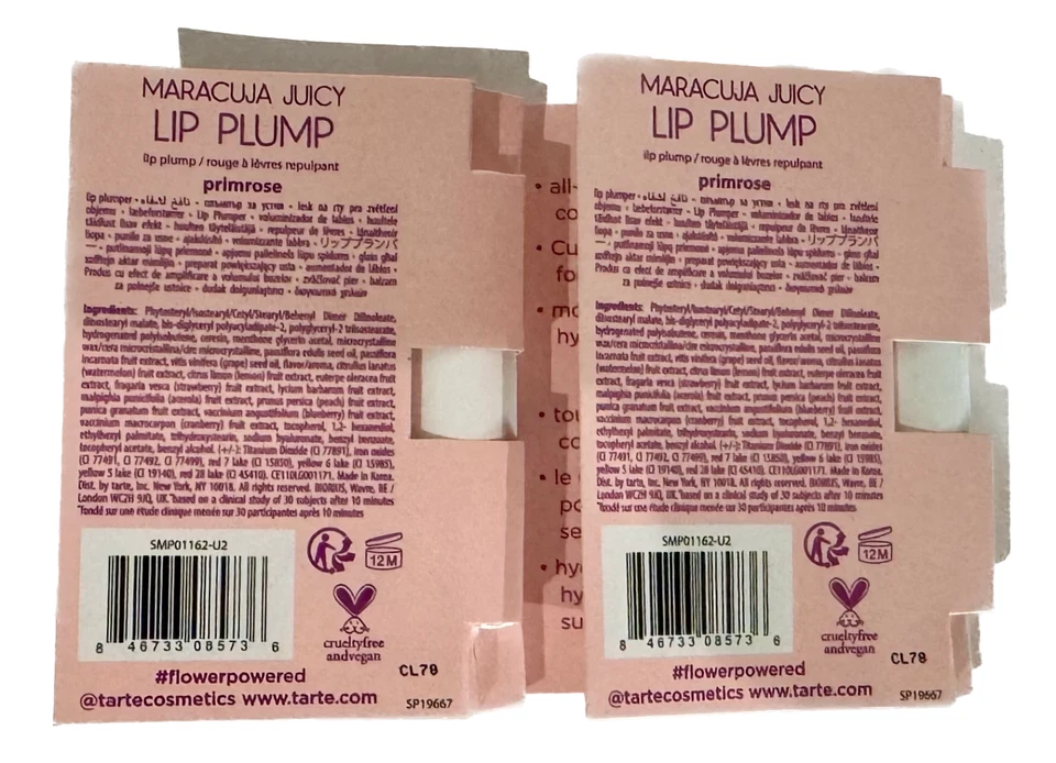 2 x Tarte Maracuyá Juicy Lip Pump Primrose .7 g/.0246 oz Muestra de Viaje Mini Foto 2 de 3