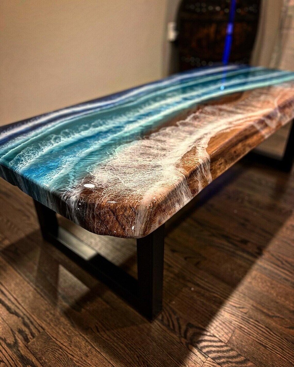 Ocean Wave Epoxy Resin Dining Table, Cafeteria Epoxy Walnut Table