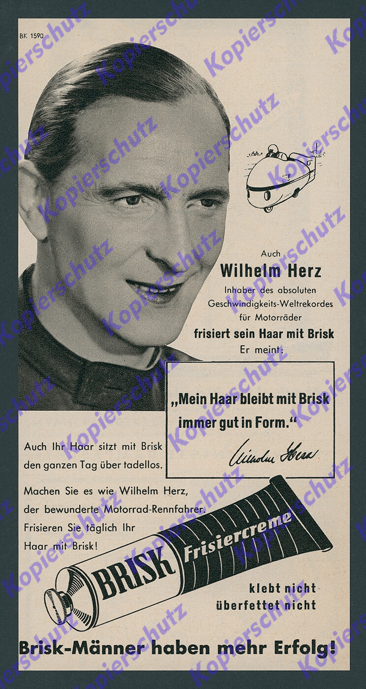 gold. Advertising Brisk hair cream racer Wilhelm Herz NSU motorcycle Neckarsulm 1954 eBay