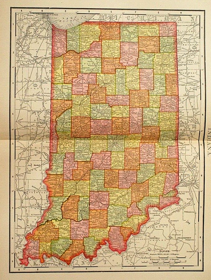 Antique Color Map Indiana State - 1895 Century Company Maps | eBay
