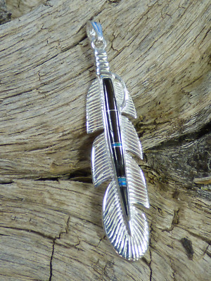 Feather Sterling Silver 925 Black Onyx Opal Southwest Pendant Handcrafted NEW 