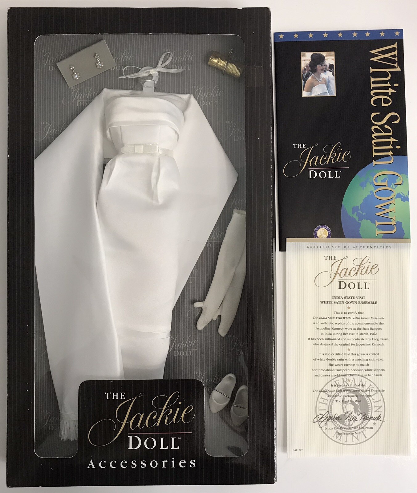 Franklin Mint Jackie Kennedy Vinyl Doll Satin Gown w/Accessories & COA *No Doll*