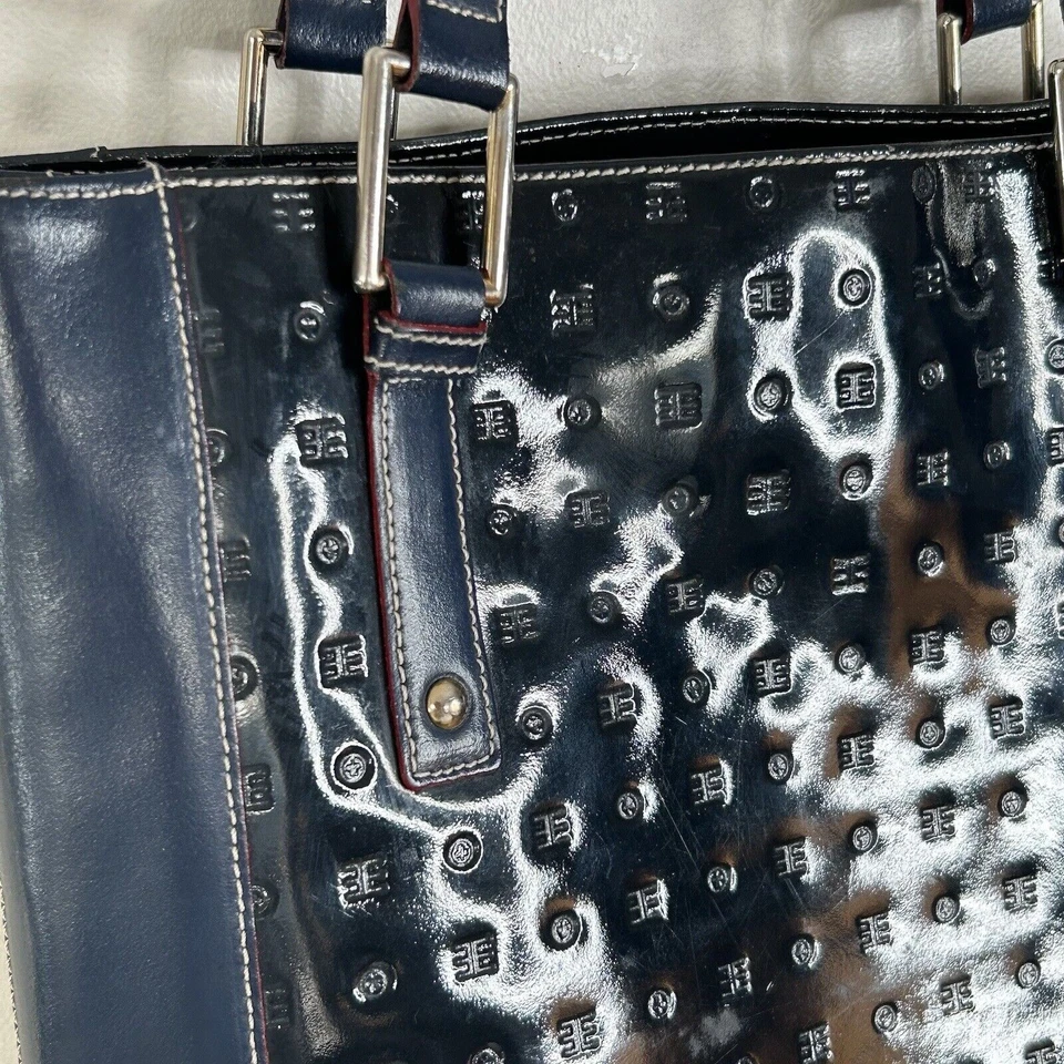 Arcadia Patent Leather Embossed Shoulder Bag Navy Blue Italy Double Handles - Image 2 of 4