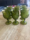 Vintage Set  of 3 Diamond Point Indiana Glass 8 oz  Green Water Wine Goblet 6.5”