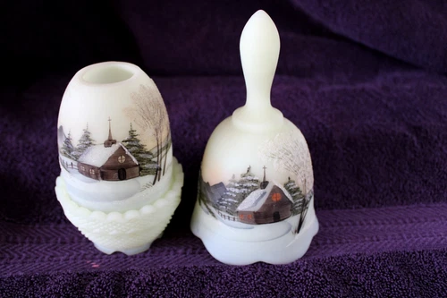 Vintage Fenton HP Fairy Lamp And Bell "Christmas Morn"Signed-EUC!