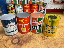 Ancien bidon quart d'huile moteur Esso Shell Castrol Mobil COMPLET